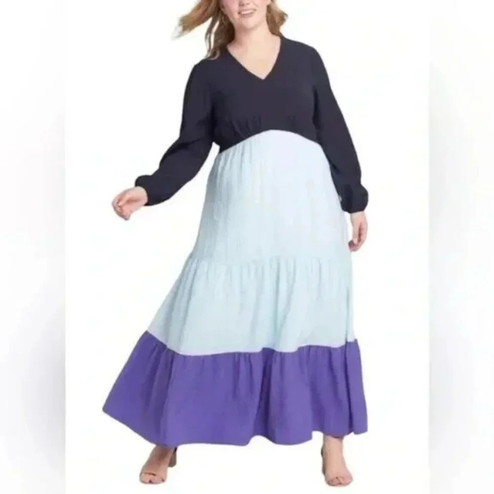 Lane Bryant Blue & Purple Colorblock Long Sleeve Crinkle Maxi Dress in Size 18